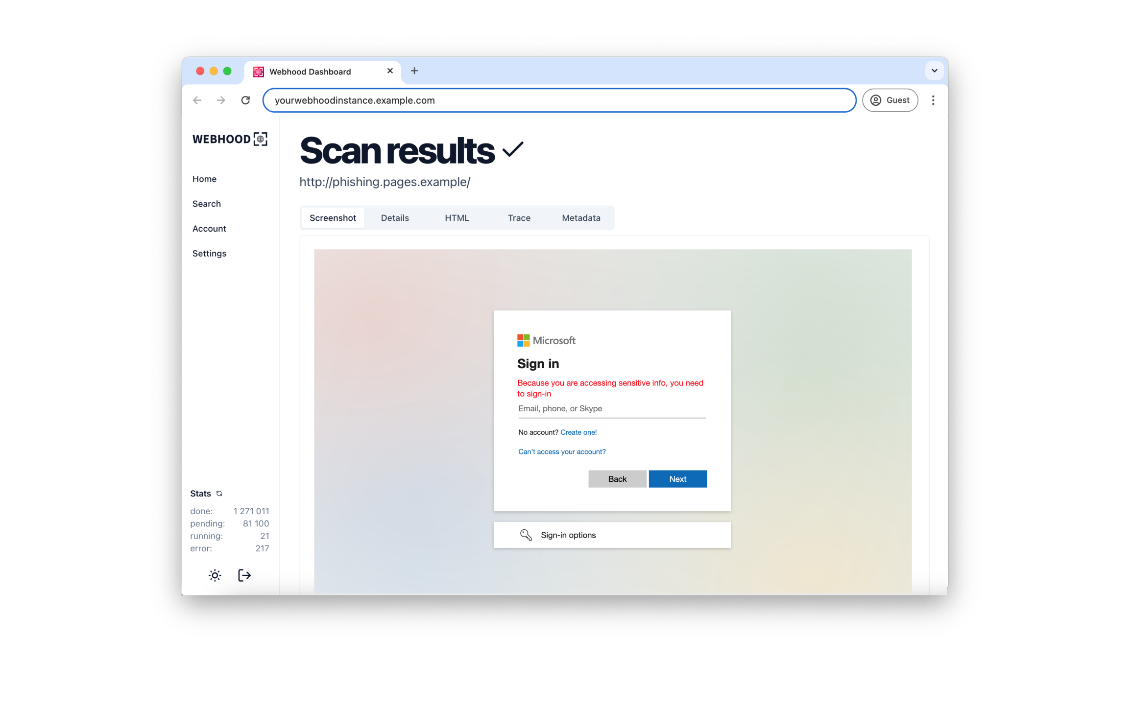Example scan result from Webhood URL Scanner